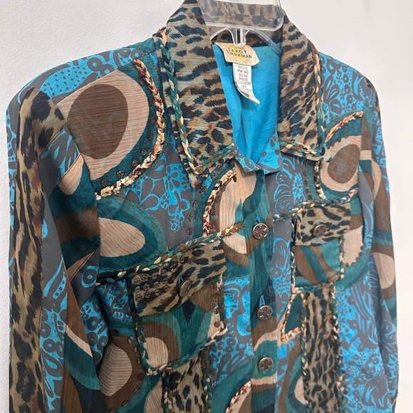 Vintage Sandy Starkman Turquoise & Brown Silk Jacket Size M Sequins Hippie Boho - Picture 4 of 10